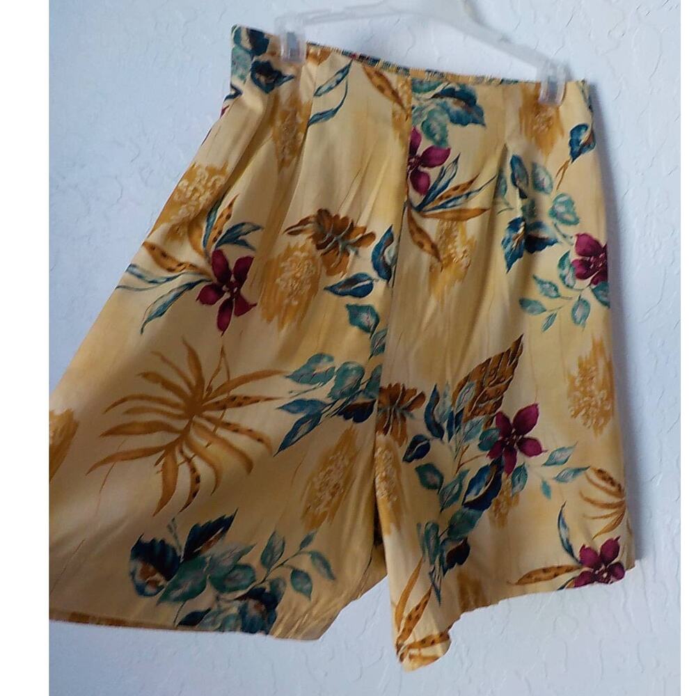 VTG Ship N Shore Yellow Floral Shorts Women Sz Large Tropical Elastic High Waist